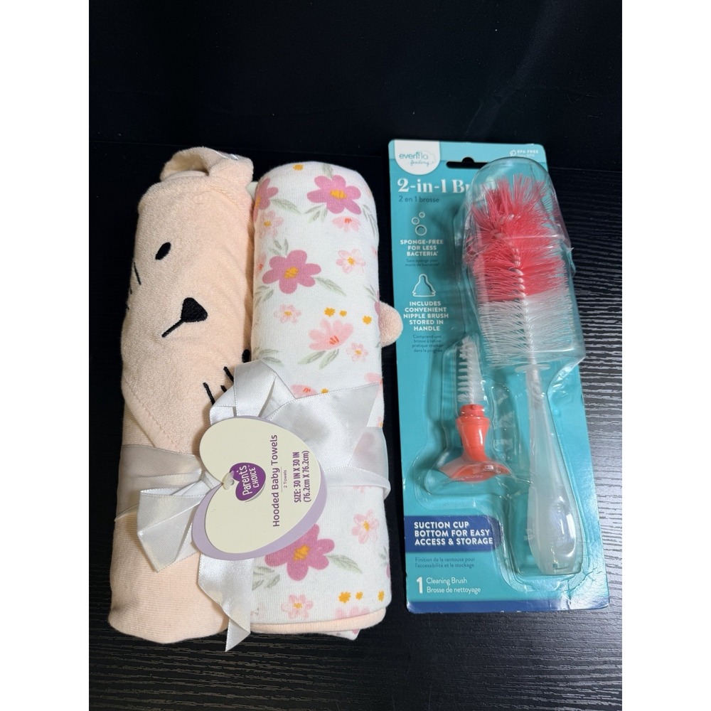 Parent's Choice Hooded Baby Towels 2 Pack + Evenflo 2-in-1 Bottle Brush New Read